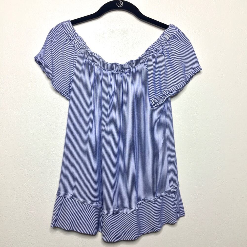 Cupio Blue White Pinstripe Off the Shoulder Size Small